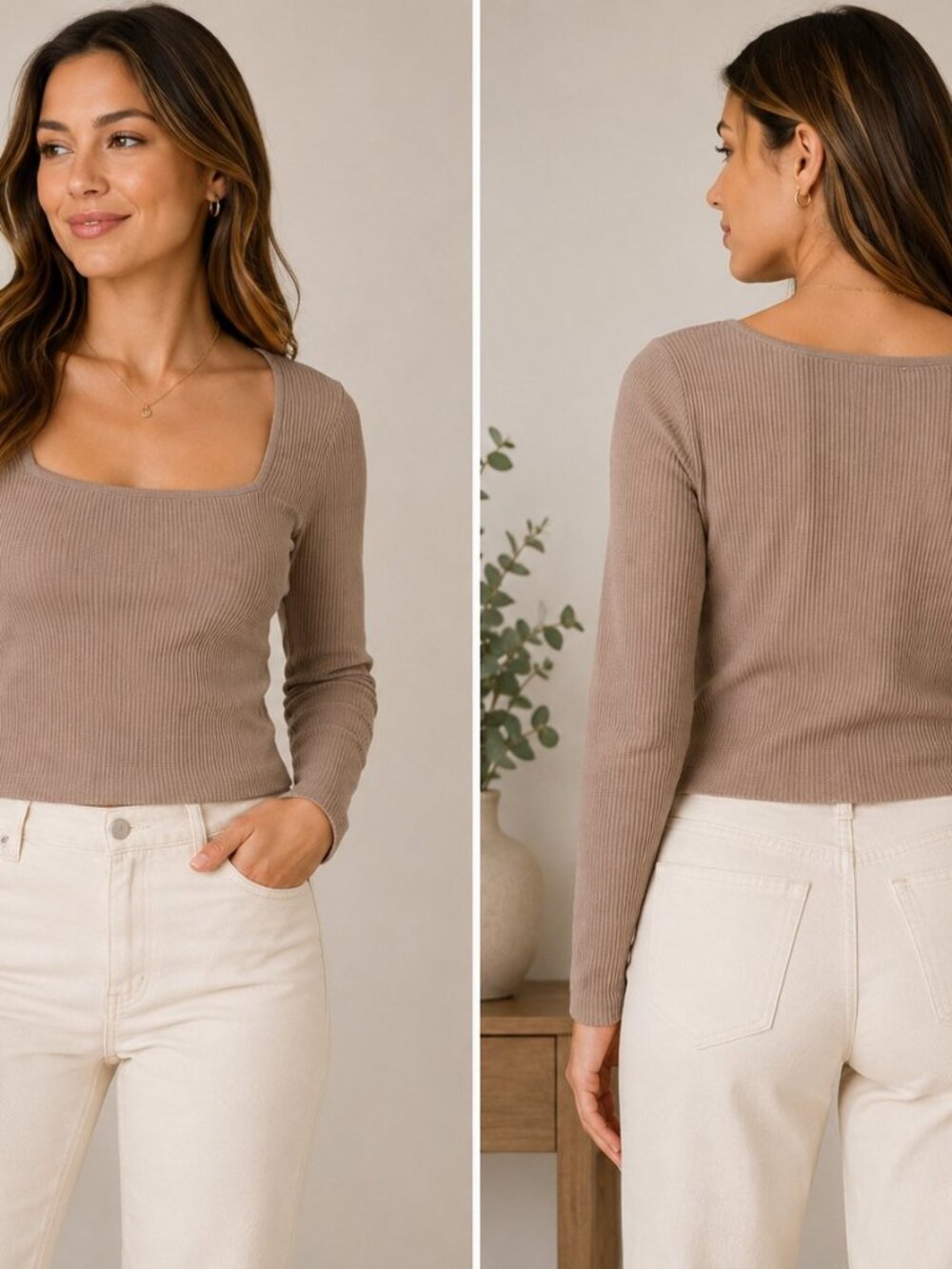 And Now This Ribbed Knit Square Neck Long Sleeve. Top Taupeop Taupe Fitted Casua